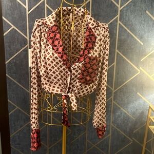 Free People Red Pattern Cropped Blouse